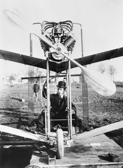 Alberto Santos-Dumont in his primitive aeroplane